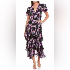 Wayf Floral High Low Dress in Black and Purple